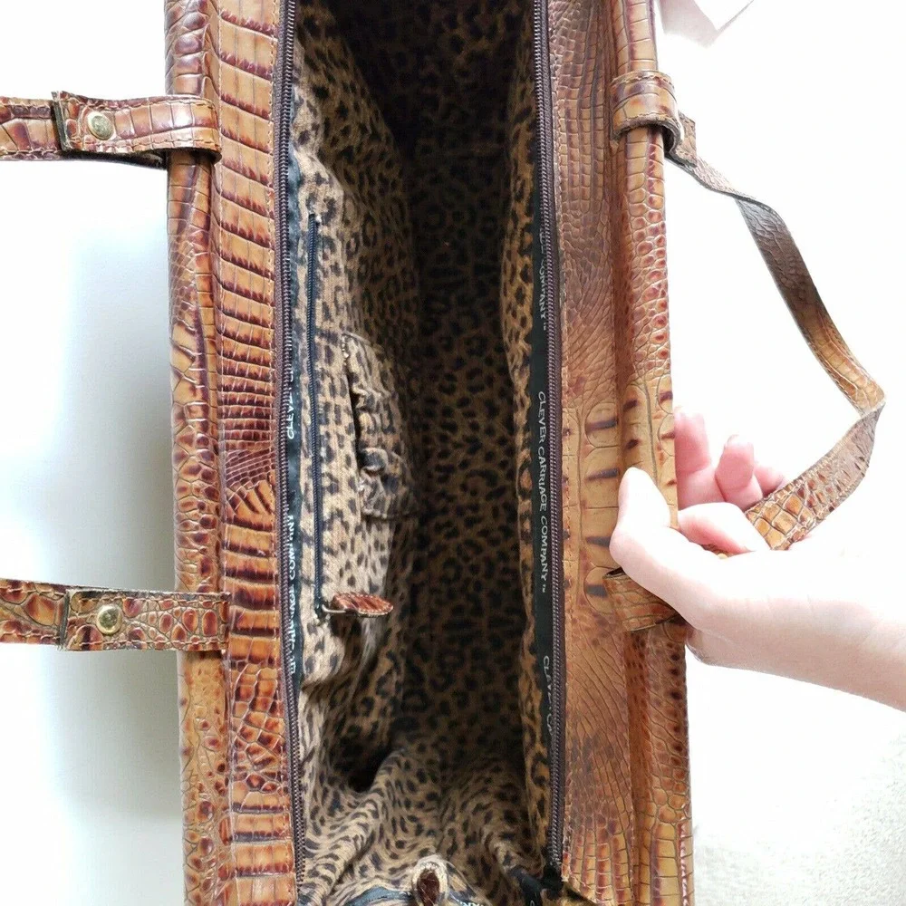 Rare Clever Carriage Company Brown Pony Hair Croc Embossed Leather Large Tote